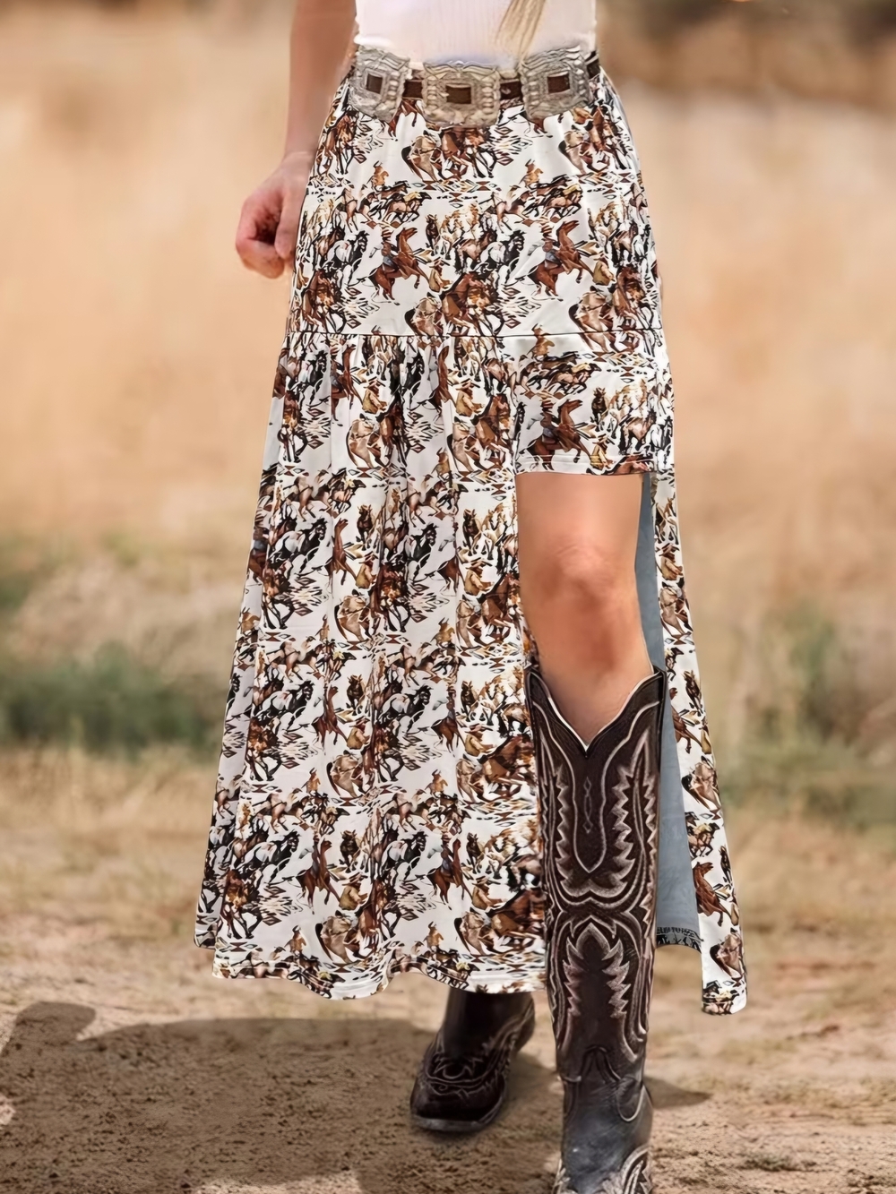 White Western Horse-Print Tiered Maxi Skirt with Side Slit